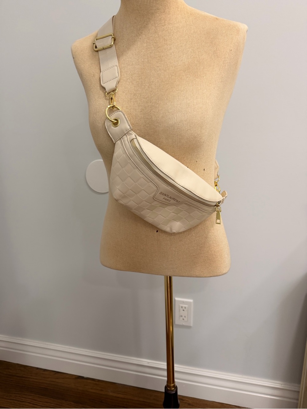 Saint Laurent Cream Woven Leather Crossbody Belt Bag